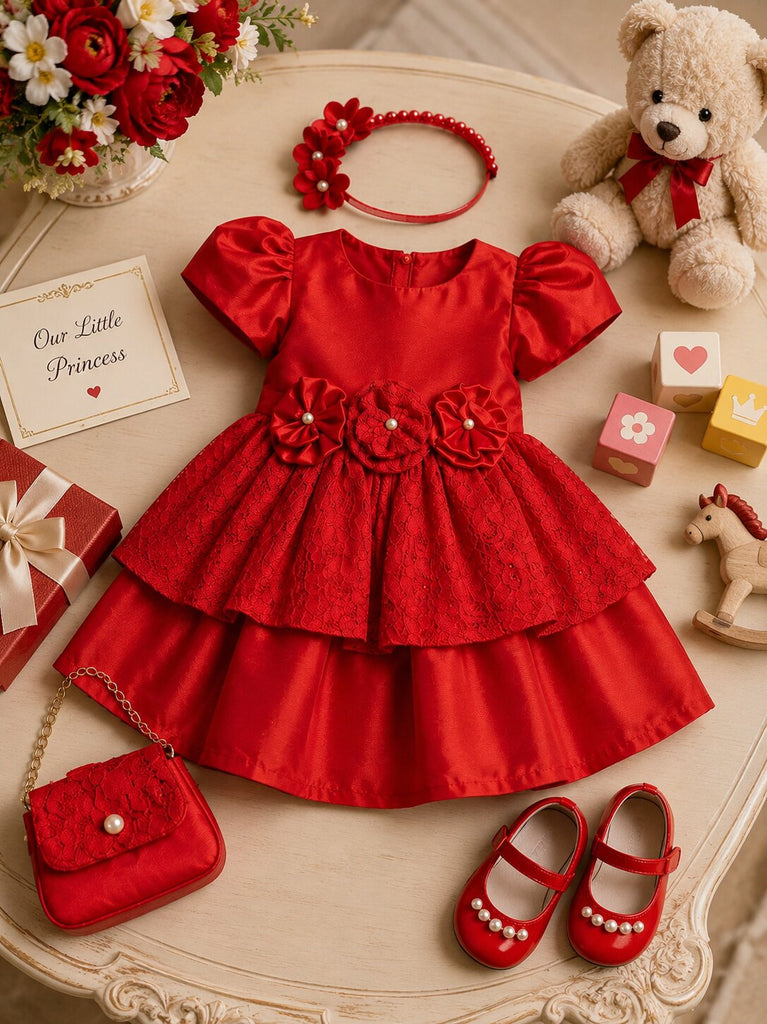 Pspeaches Baby Girl Red Ethnic Solid Taffeta Flared Dress