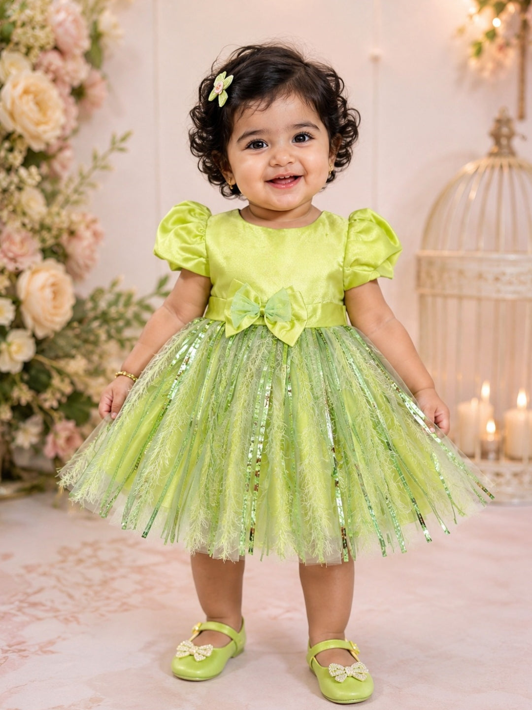 Pspeaches Baby Girl Mint Green Ethnic Solid Satin Flared Dress