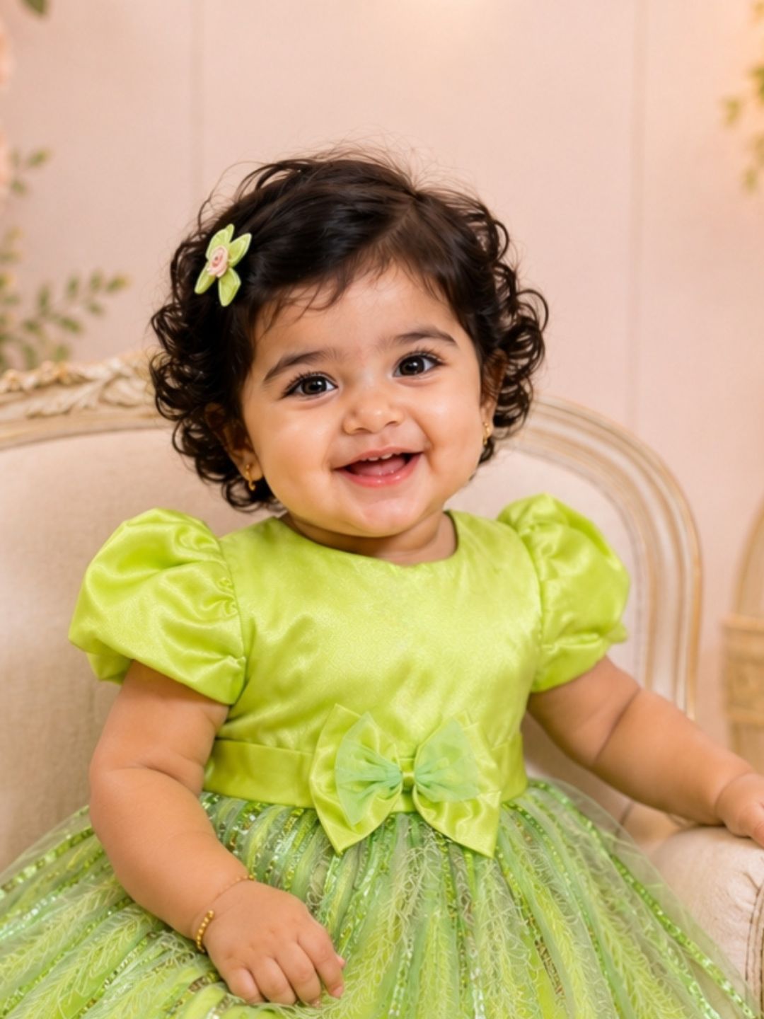 Pspeaches Baby Girl Mint Green Ethnic Solid Satin Flared Dress