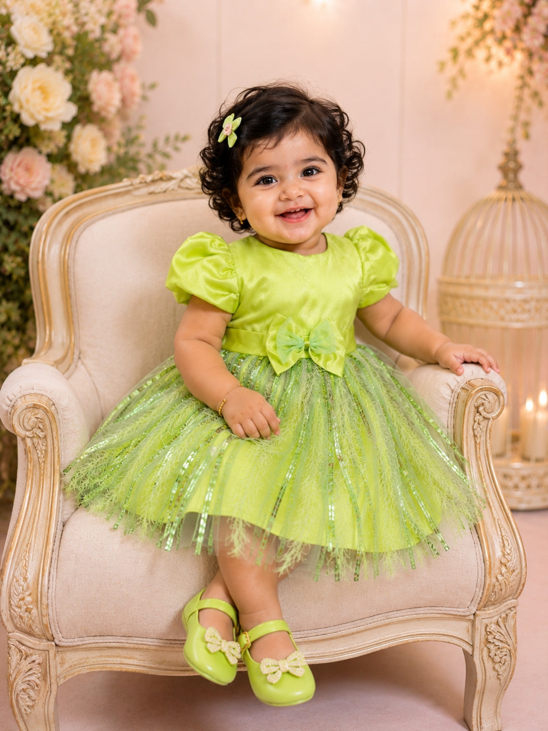 Pspeaches Baby Girl Mint Green Ethnic Solid Satin Flared Dress