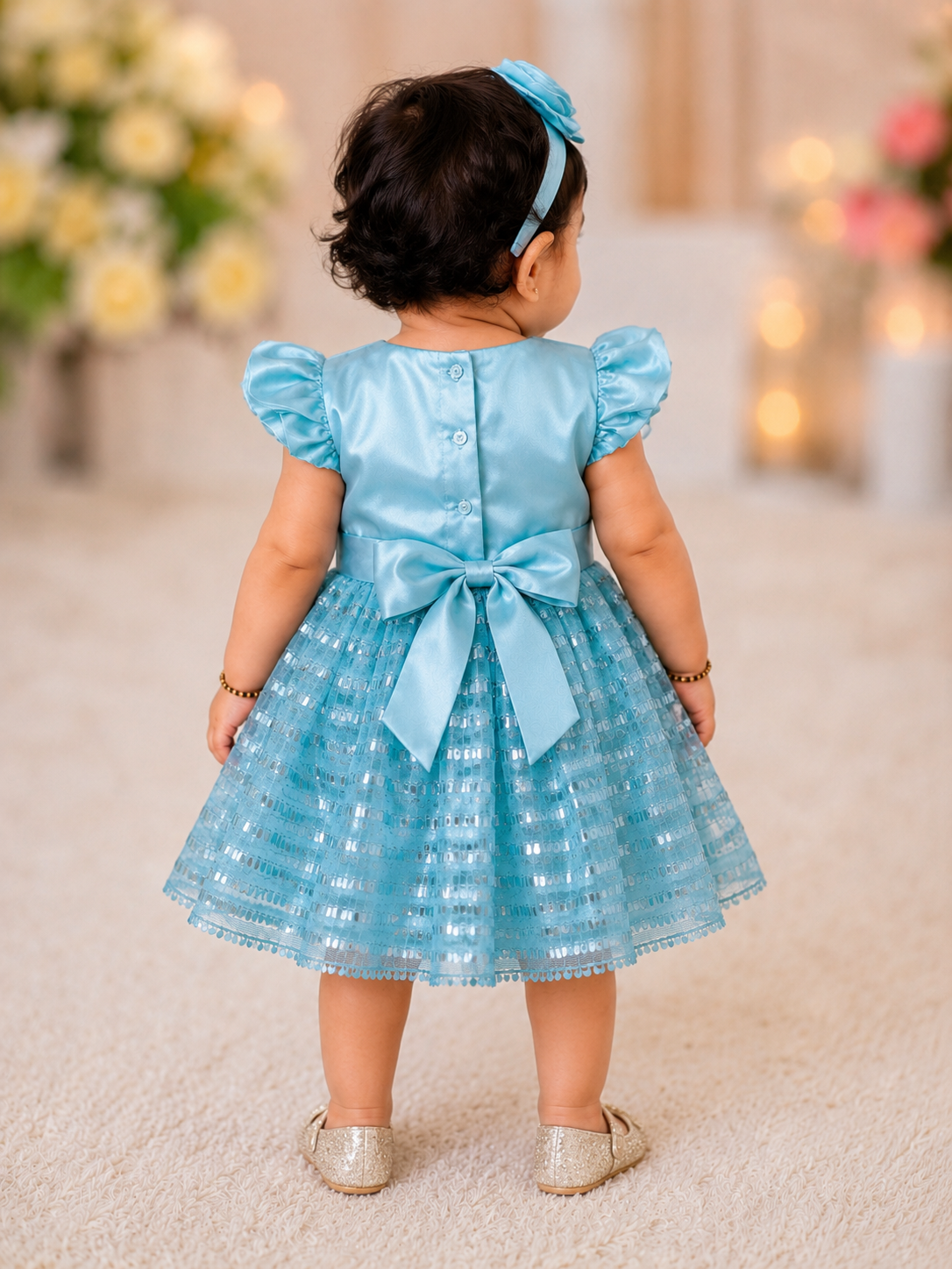 Pspeaches Baby Girl Sky Blue Ethnic Solid Satin Flared Dress