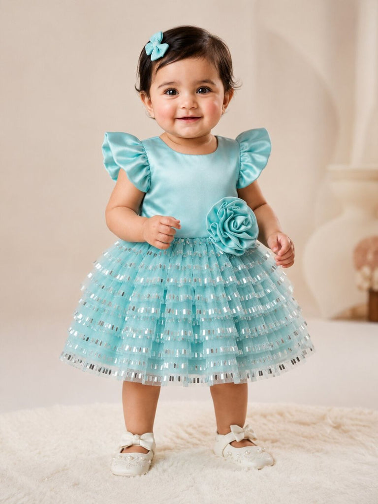 Pspeaches Baby Girl Sky Blue Ethnic Solid Satin Flared Dress