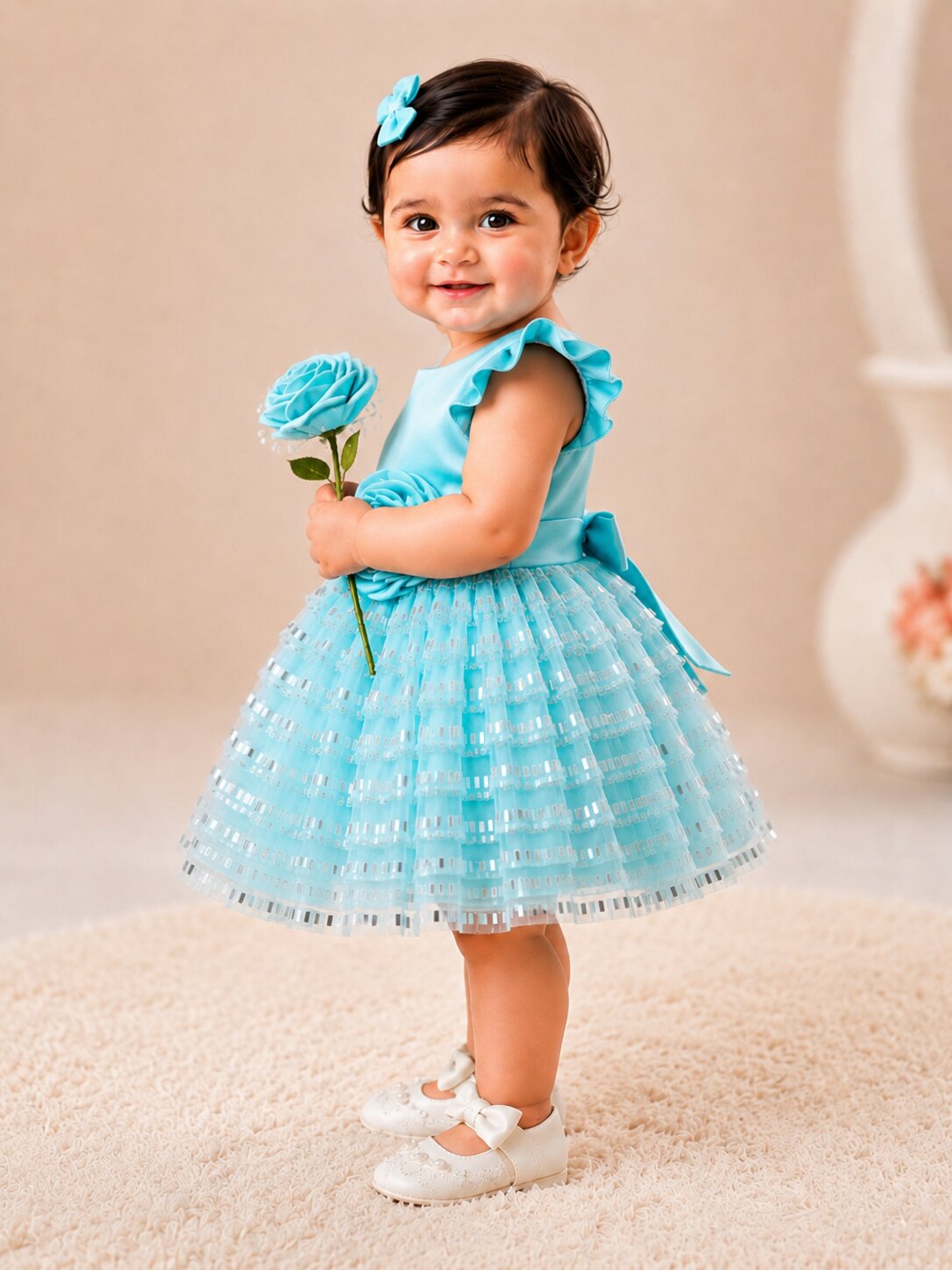 Pspeaches Baby Girl Sky Blue Ethnic Solid Satin Flared Dress