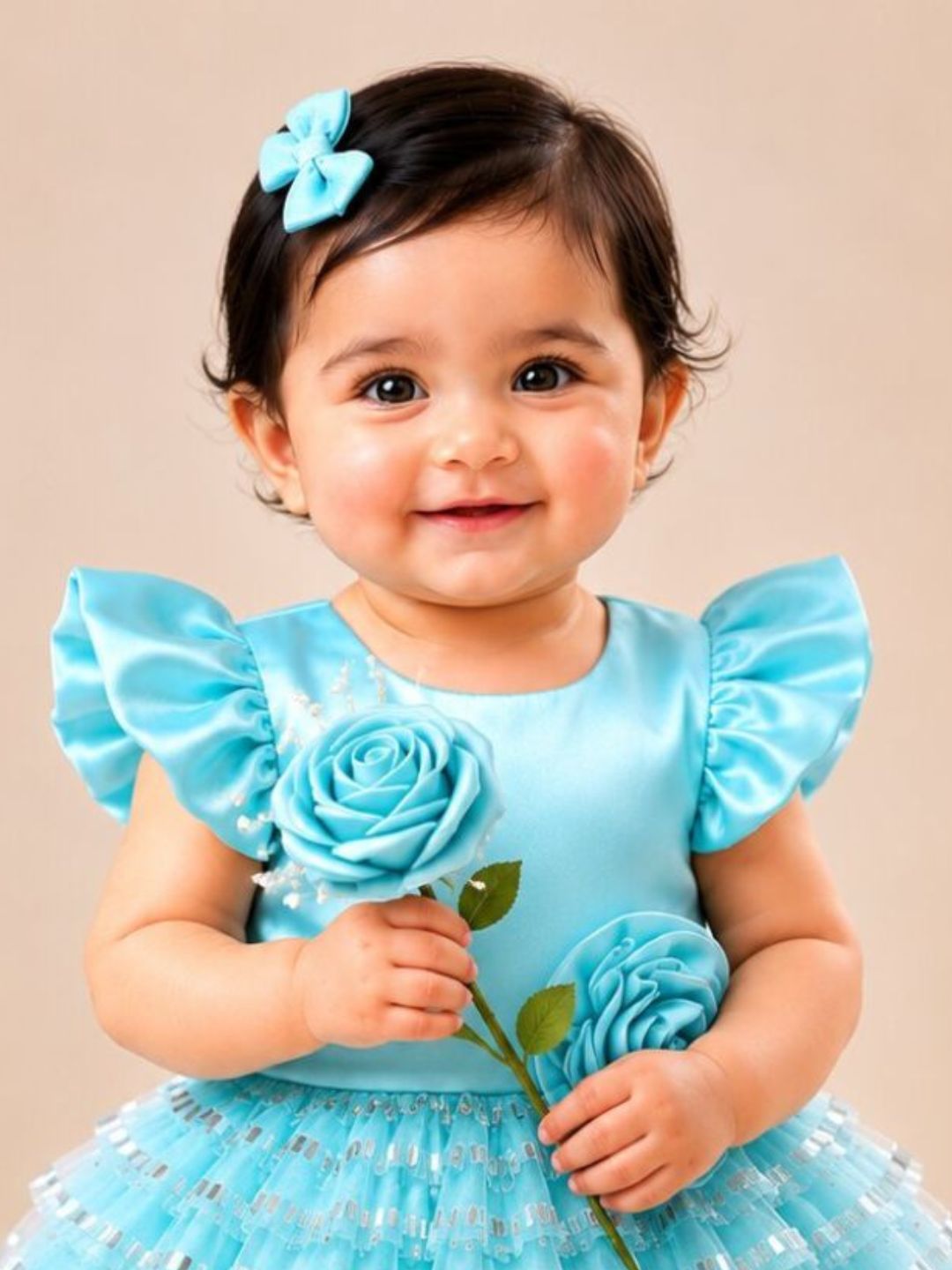 Pspeaches Baby Girl Sky Blue Ethnic Solid Satin Flared Dress