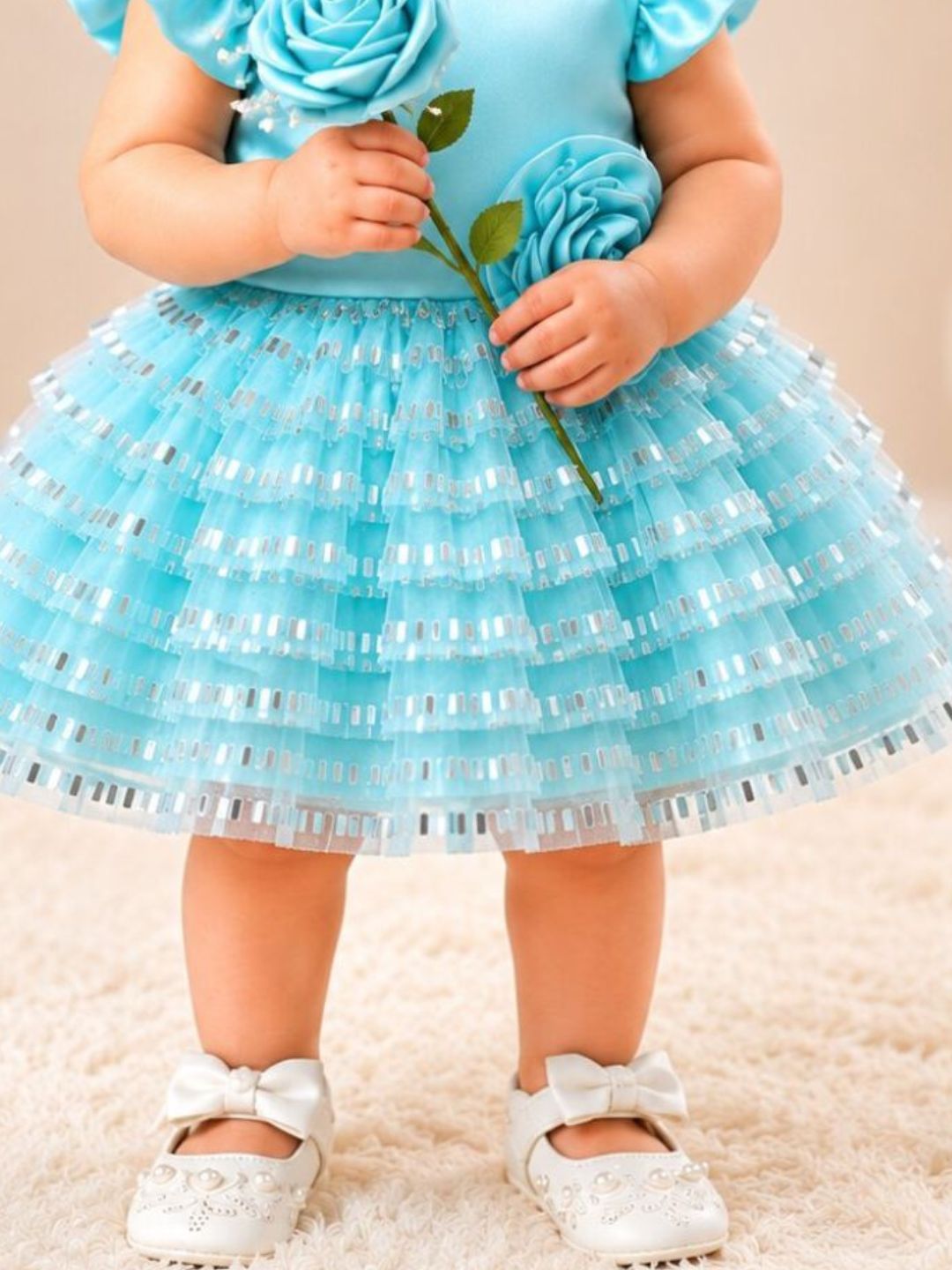 Pspeaches Baby Girl Sky Blue Ethnic Solid Satin Flared Dress
