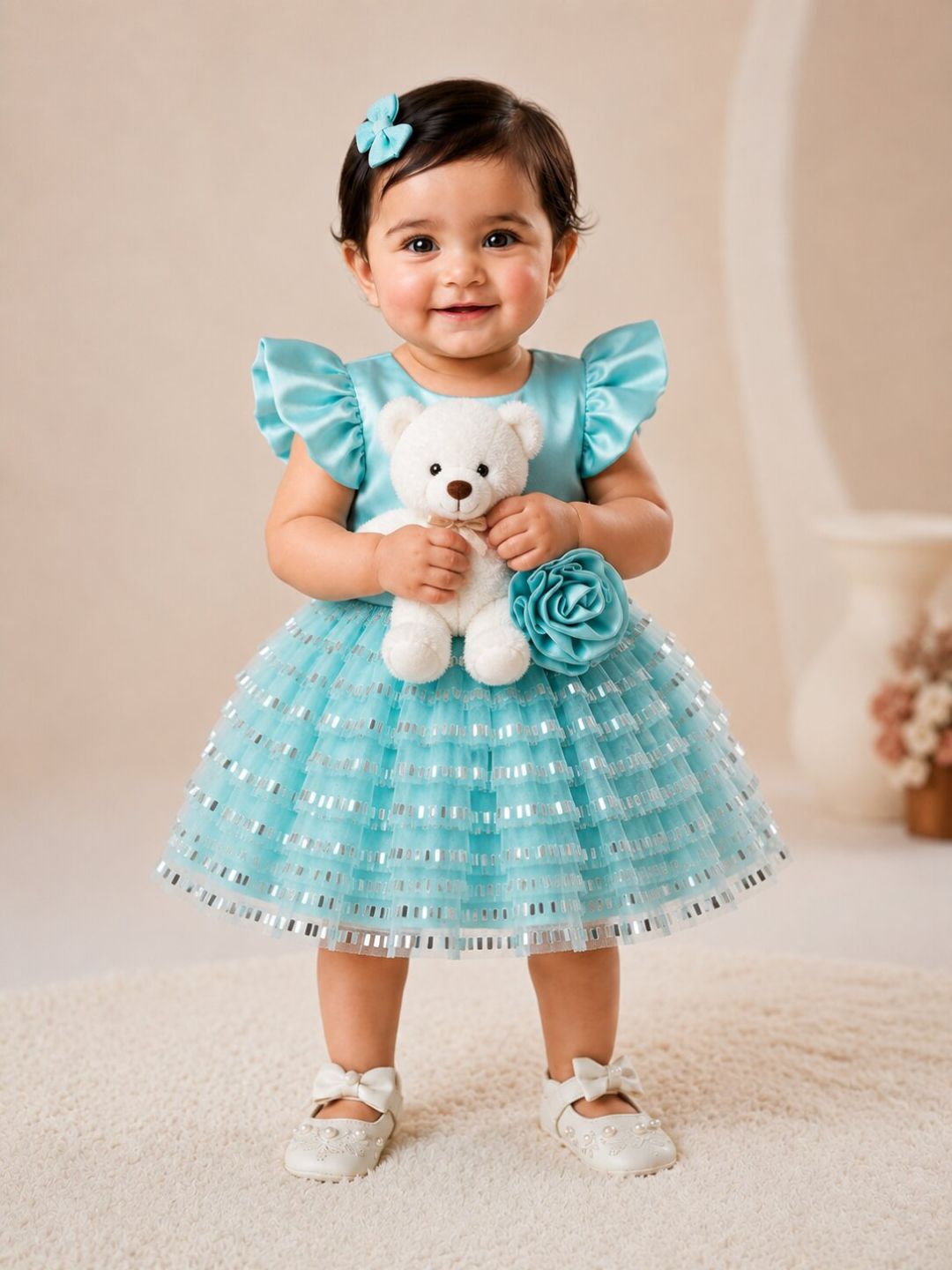 Pspeaches Baby Girl Sky Blue Ethnic Solid Satin Flared Dress