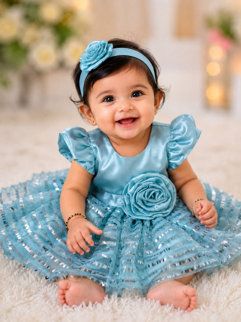 Pspeaches Baby Girl Sky Blue Ethnic Solid Satin Flared Dress