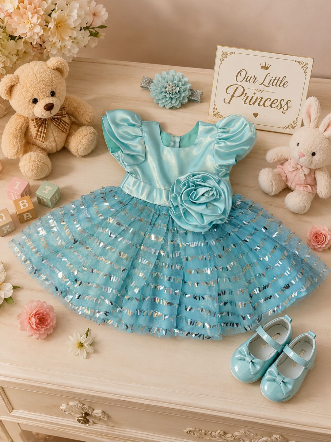Pspeaches Baby Girl Sky Blue Ethnic Solid Satin Flared Dress