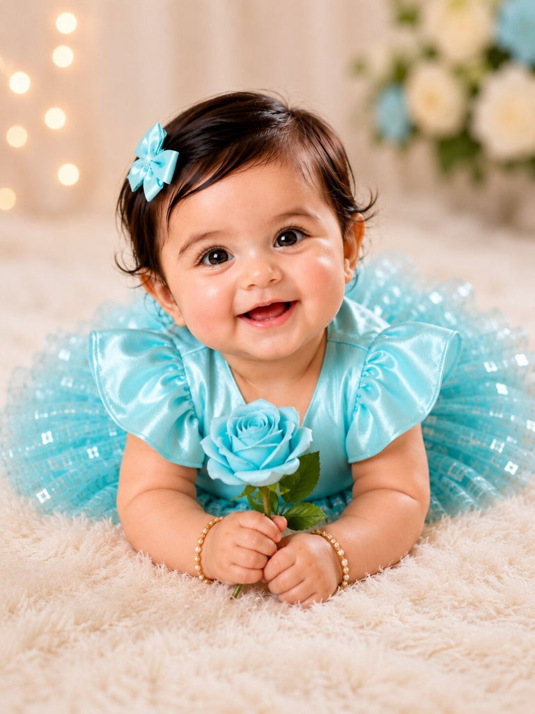 Pspeaches Baby Girl Sky Blue Ethnic Solid Satin Flared Dress
