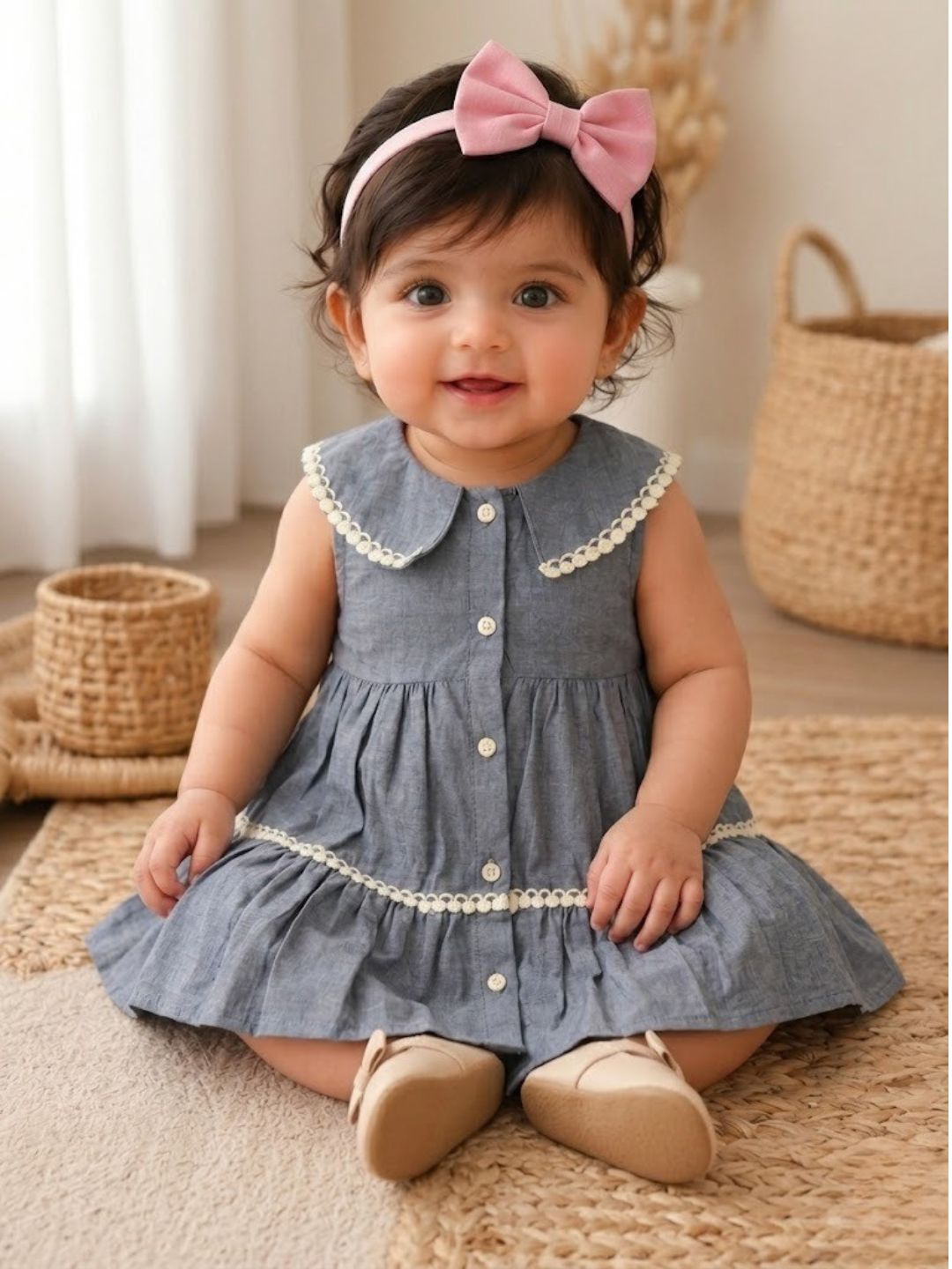 Pspeaches Baby Girl Grey Ethnic Solid Cotton Flared Dress
