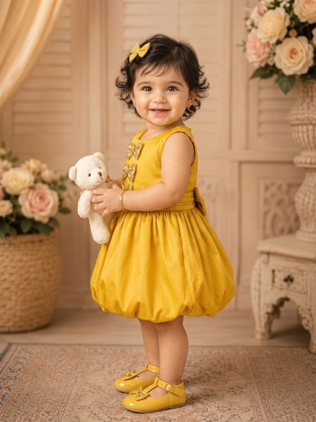 Pspeaches Baby Girl Yellow Ethnic Solid Taffeta Flared Dress