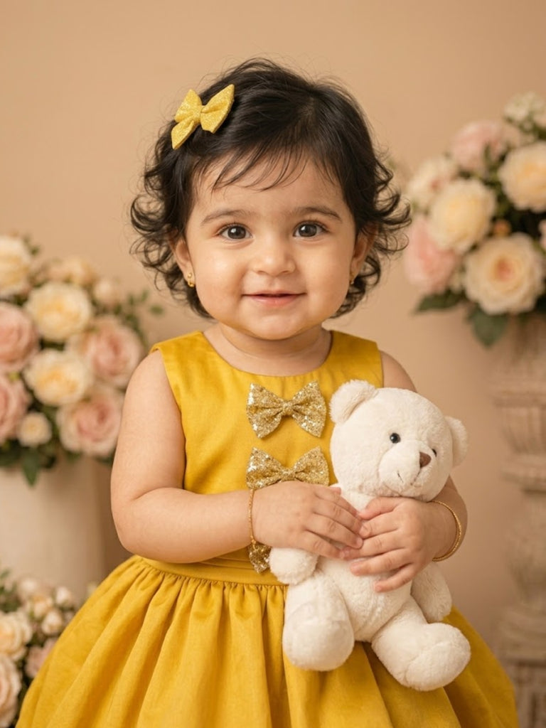 Pspeaches Baby Girl Yellow Ethnic Solid Taffeta Flared Dress