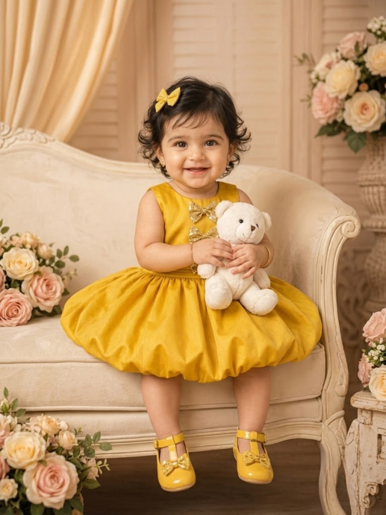 Pspeaches Baby Girl Yellow Ethnic Solid Taffeta Flared Dress