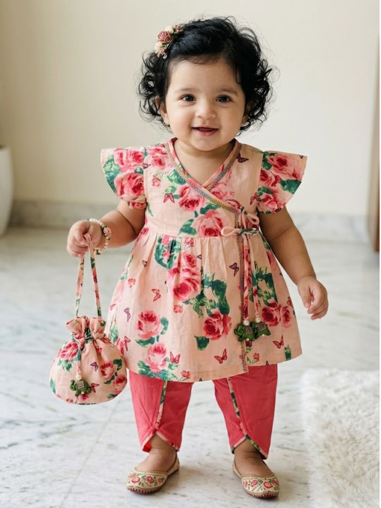 Pspeaches Baby Girl Peach Ethnic Floral Print Rayon A-Line Kurta With Dhoti Set