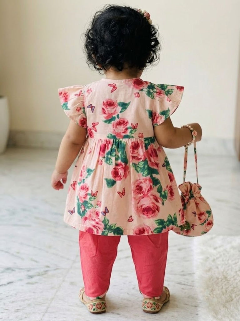 Pspeaches Baby Girl Peach Ethnic Floral Print Rayon A-Line Kurta With Dhoti Set