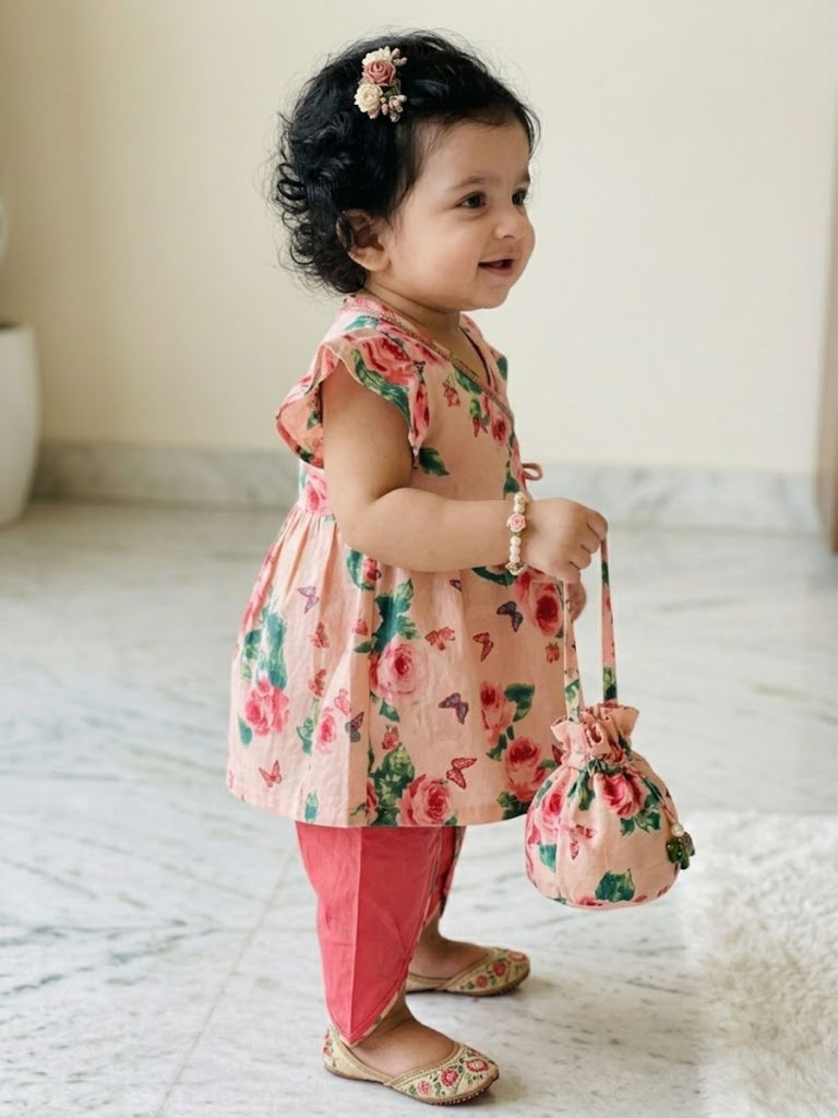 Pspeaches Baby Girl Peach Ethnic Floral Print Rayon A-Line Kurta With Dhoti Set