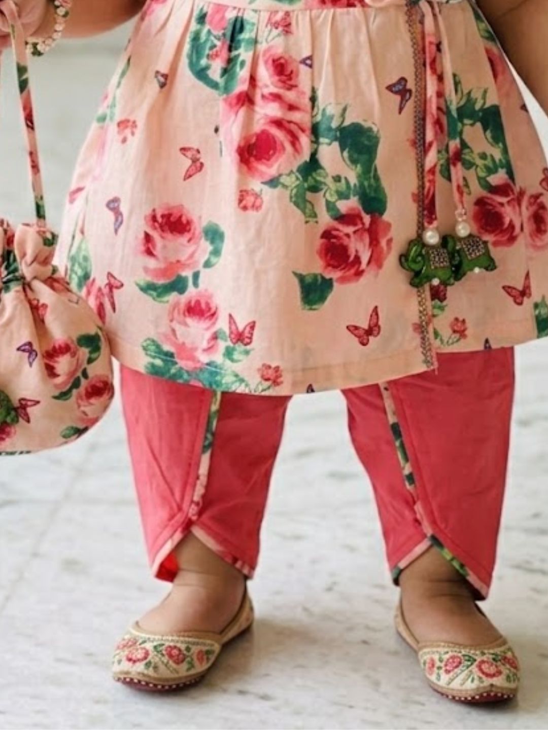 Pspeaches Baby Girl Peach Ethnic Floral Print Rayon A-Line Kurta With Dhoti Set
