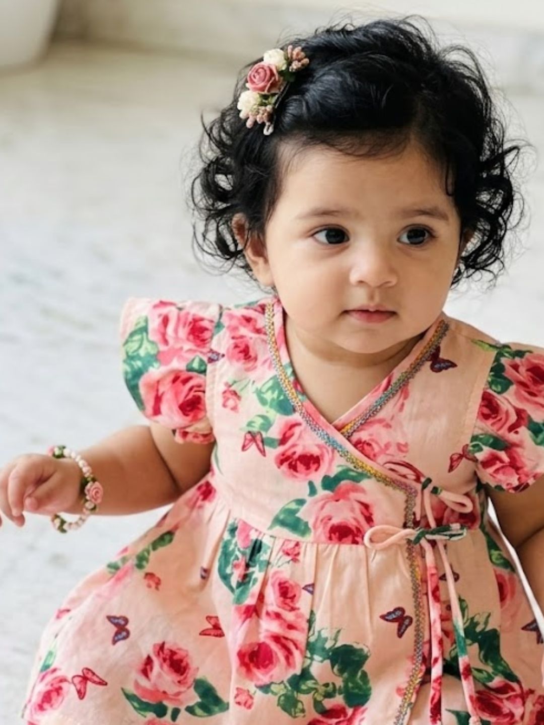 Pspeaches Baby Girl Peach Ethnic Floral Print Rayon A-Line Kurta With Dhoti Set