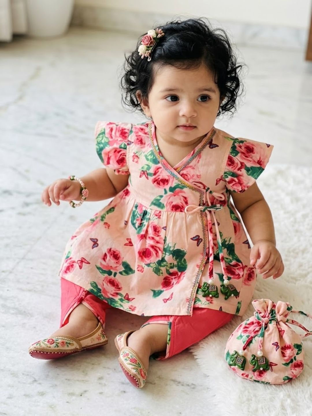 Pspeaches Baby Girl Peach Ethnic Floral Print Rayon A-Line Kurta With Dhoti Set