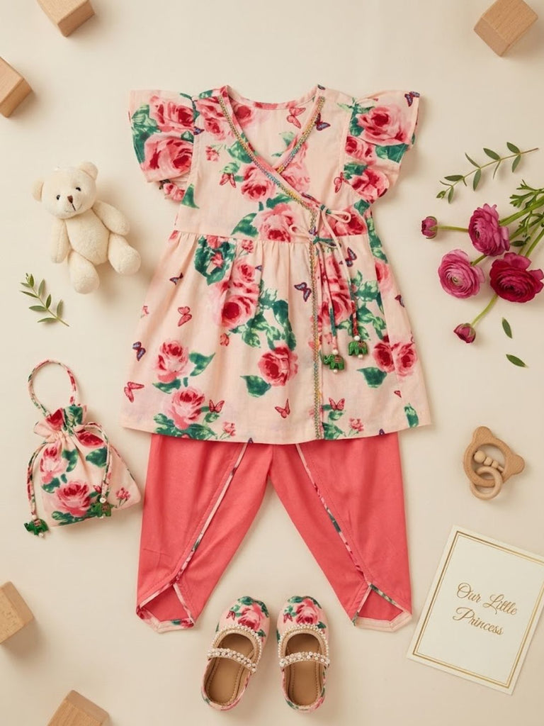 Pspeaches Baby Girl Peach Ethnic Floral Print Rayon A-Line Kurta With Dhoti Set