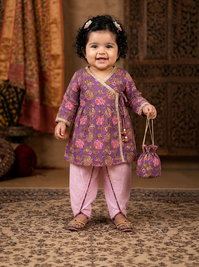 Pspeaches Baby Girl Purple Ethnic Floral Print Cotton A-Line Kurta With Dhoti Set