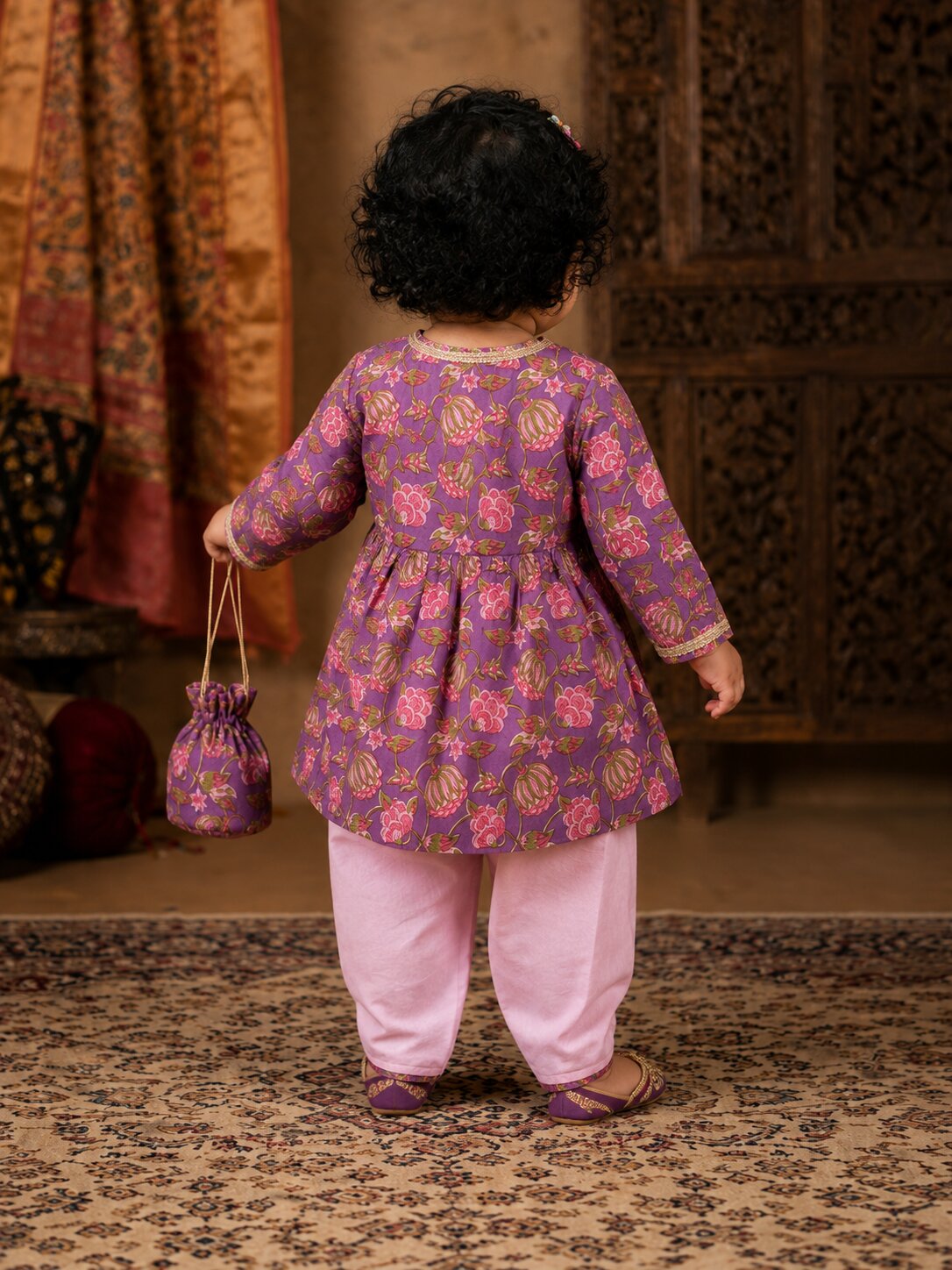 Pspeaches Baby Girl Purple Ethnic Floral Print Cotton A-Line Kurta With Dhoti Set