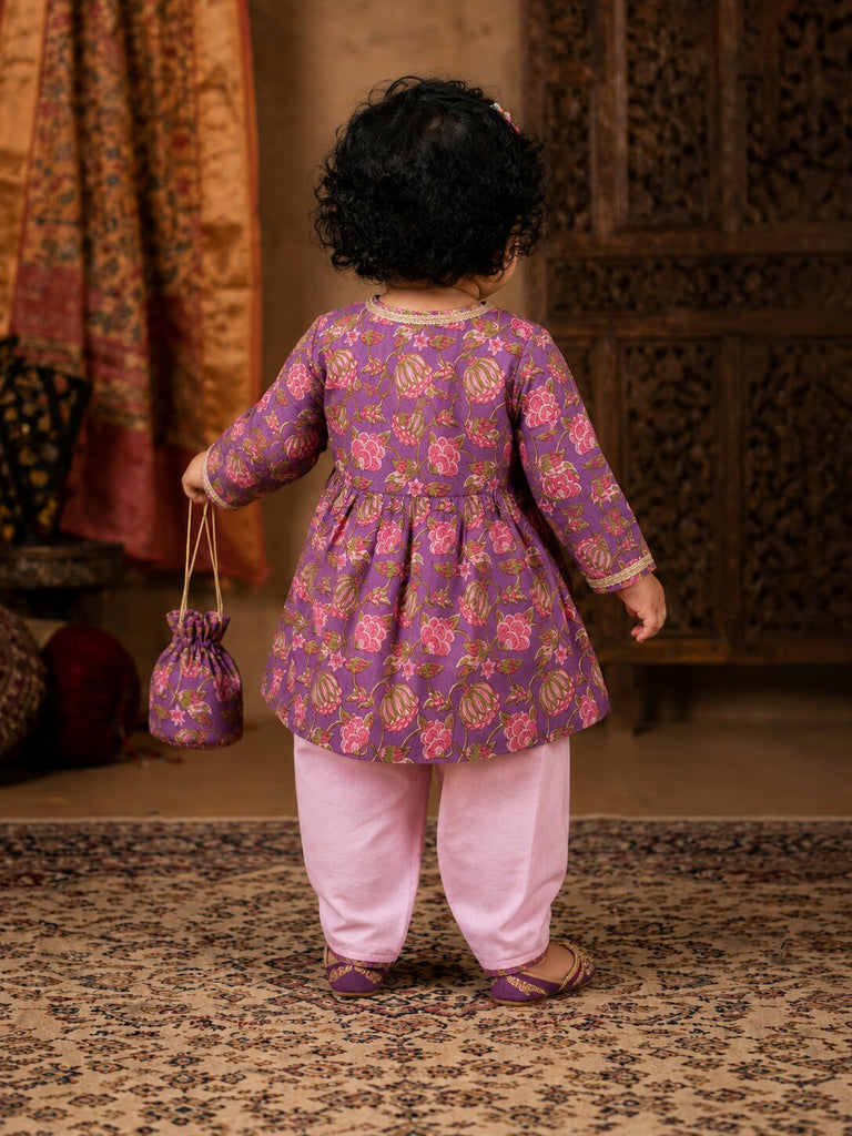 Pspeaches Baby Girl Purple Ethnic Floral Print Cotton A-Line Kurta With Dhoti Set