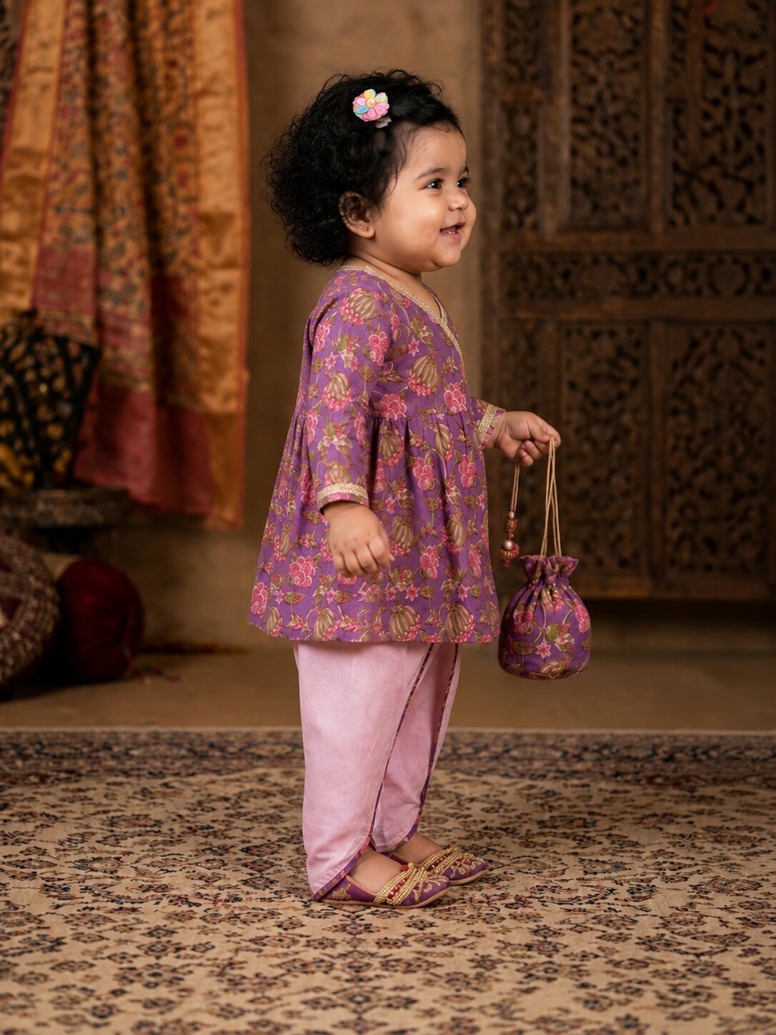 Pspeaches Baby Girl Purple Ethnic Floral Print Cotton A-Line Kurta With Dhoti Set