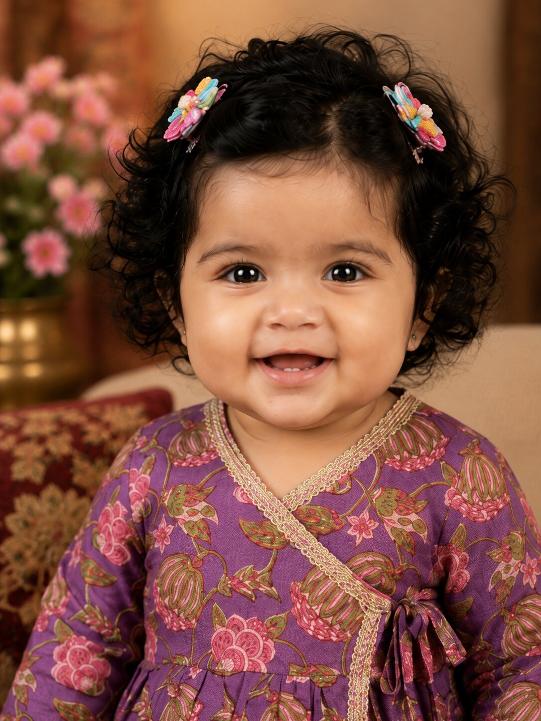 Pspeaches Baby Girl Purple Ethnic Floral Print Cotton A-Line Kurta With Dhoti Set