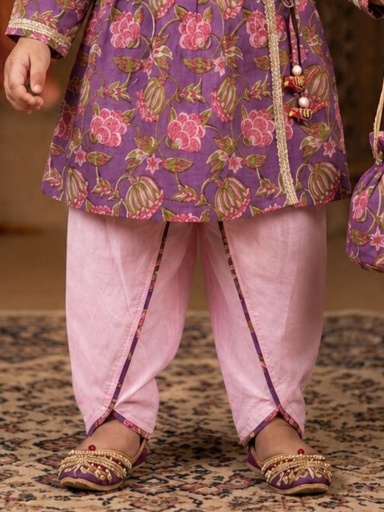 Pspeaches Baby Girl Purple Ethnic Floral Print Cotton A-Line Kurta With Dhoti Set