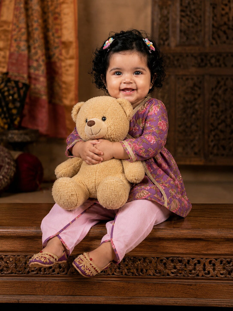 Pspeaches Baby Girl Purple Ethnic Floral Print Cotton A-Line Kurta With Dhoti Set
