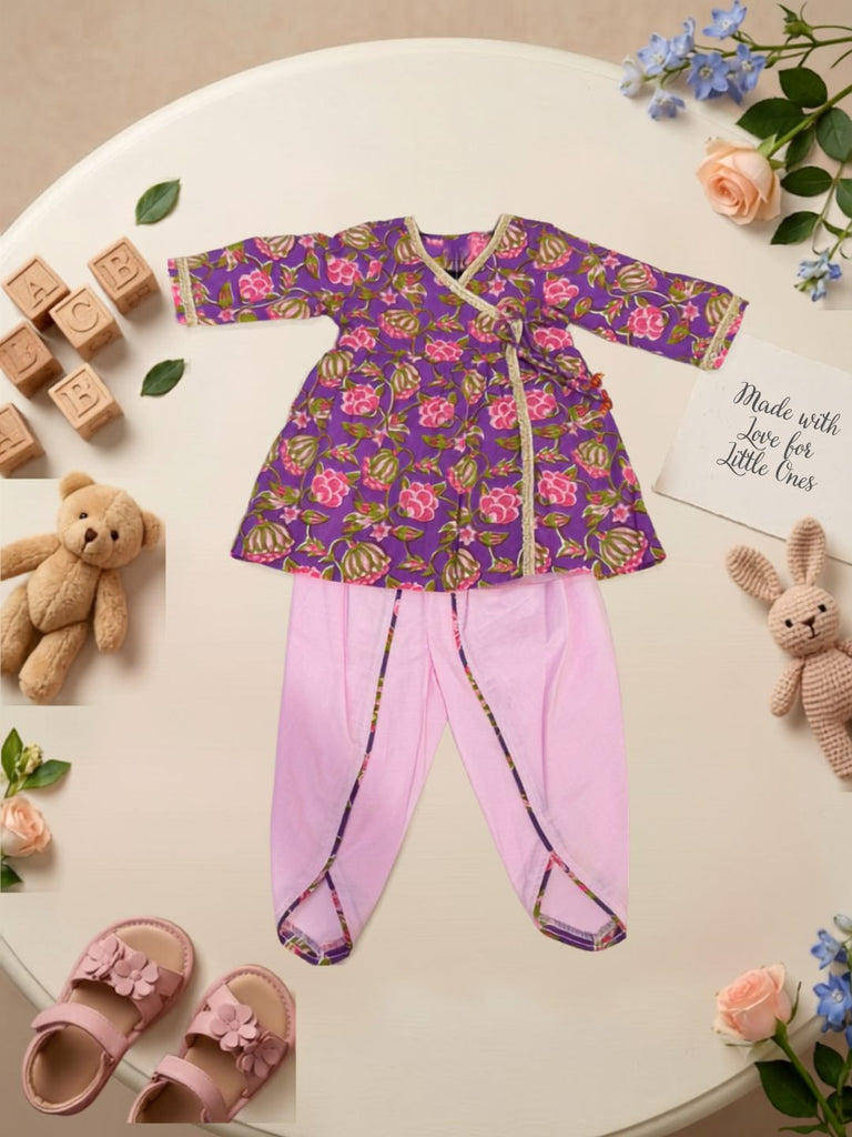 Pspeaches Baby Girl Purple Ethnic Floral Print Cotton A-Line Kurta With Dhoti Set