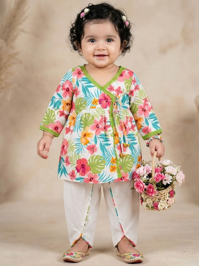 Pspeaches Baby Girl White Ethnic Floral Printed Rayon Angrakha Kurta With Dhoti Set