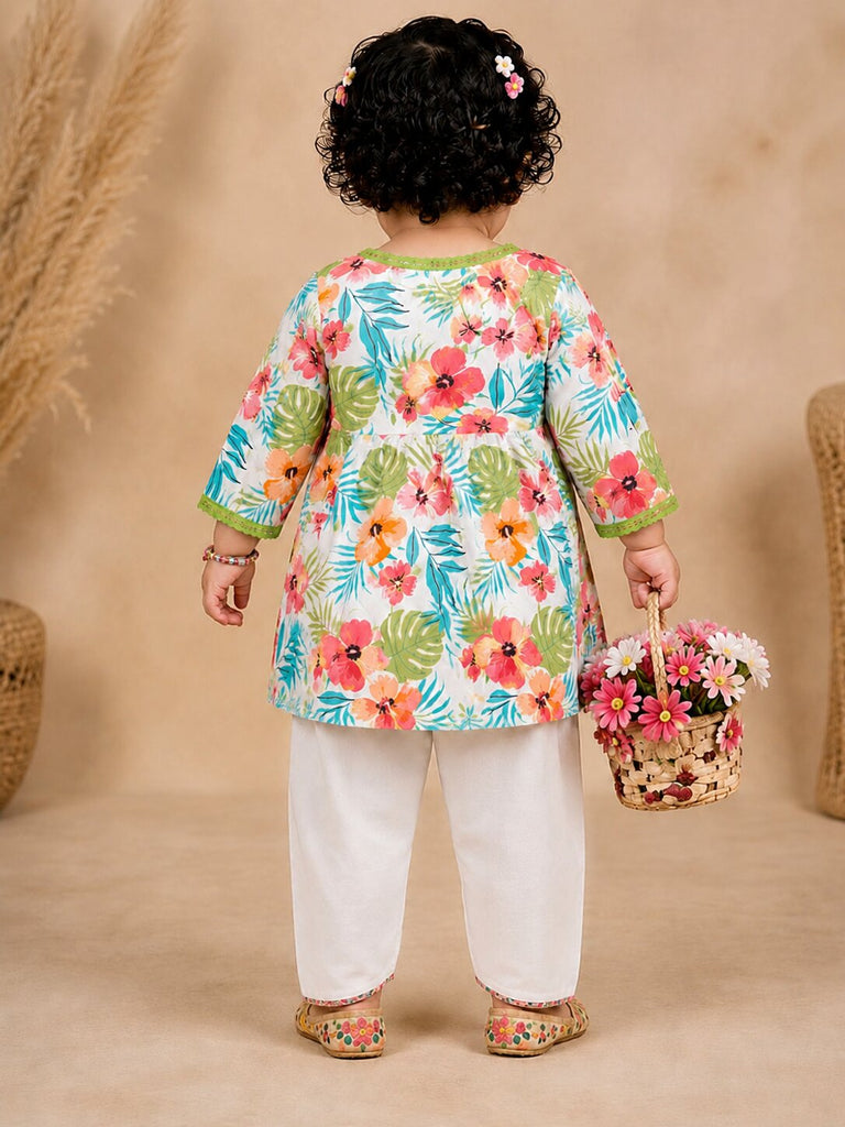 Pspeaches Baby Girl White Ethnic Floral Printed Rayon Angrakha Kurta With Dhoti Set