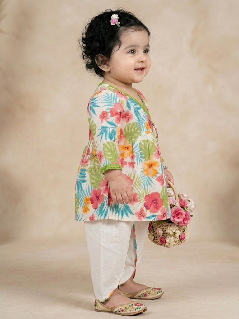 Pspeaches Baby Girl White Ethnic Floral Printed Rayon Angrakha Kurta With Dhoti Set