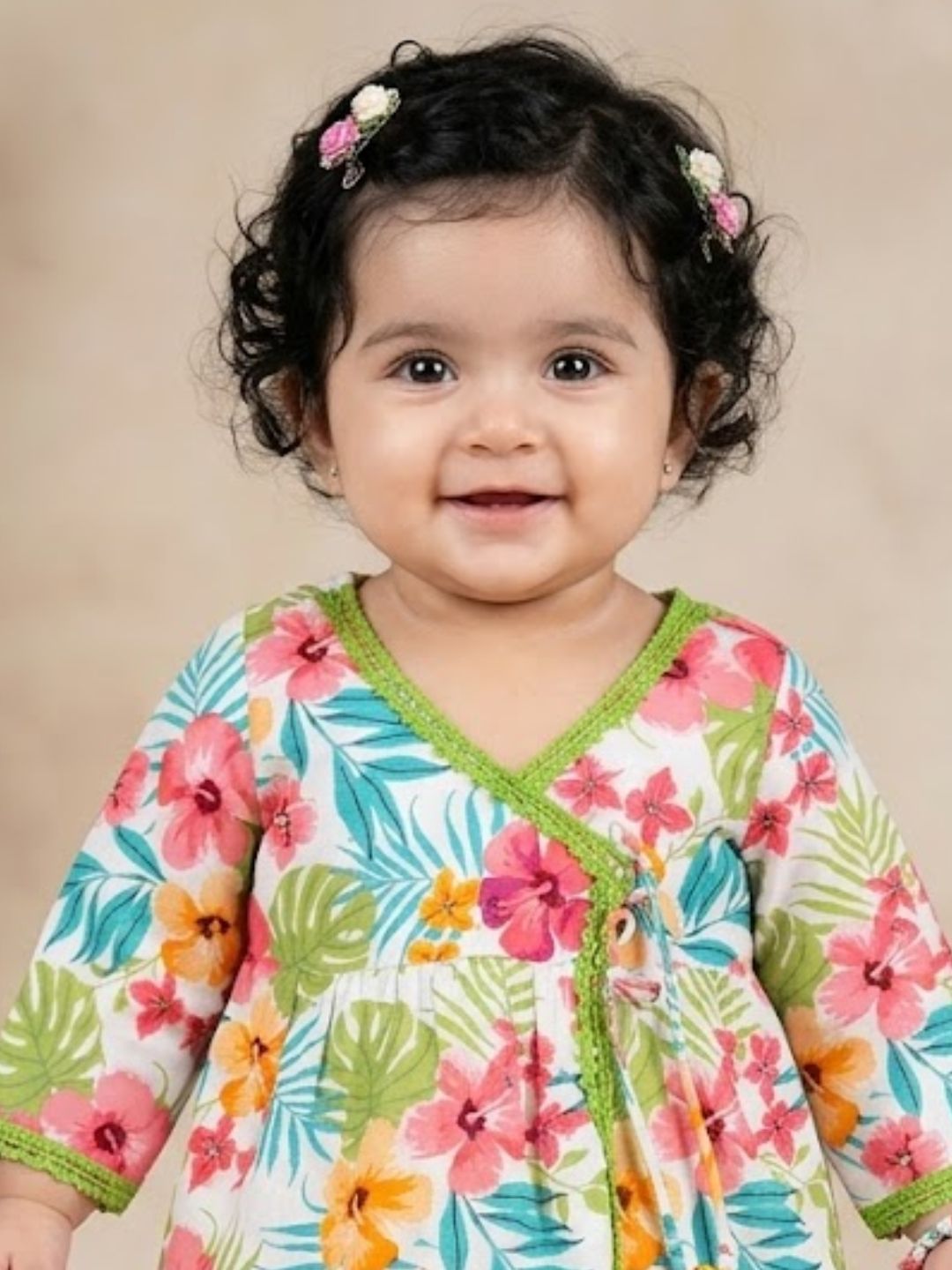 Pspeaches Baby Girl White Ethnic Floral Printed Rayon Angrakha Kurta With Dhoti Set