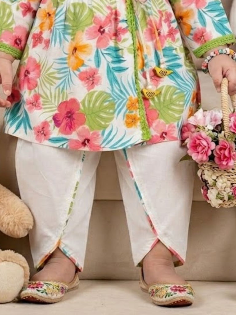 Pspeaches Baby Girl White Ethnic Floral Printed Rayon Angrakha Kurta With Dhoti Set