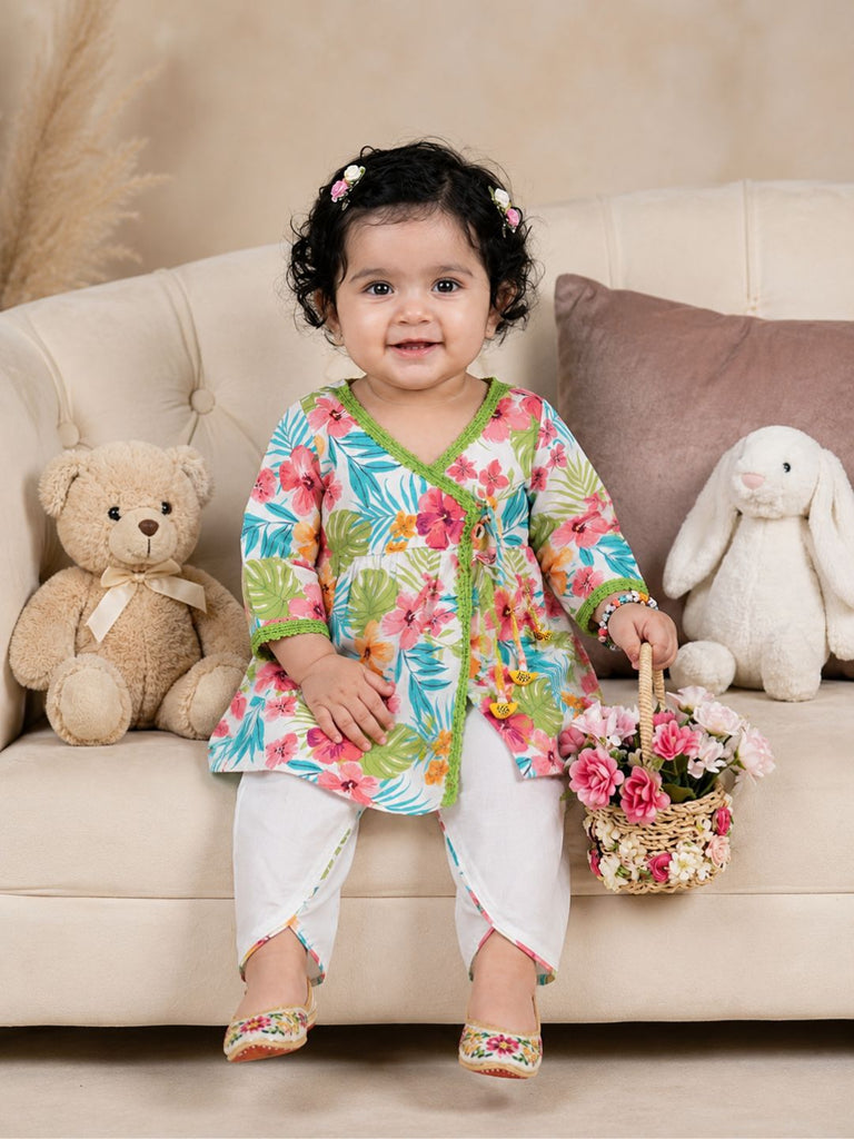 Pspeaches Baby Girl White Ethnic Floral Printed Rayon Angrakha Kurta With Dhoti Set