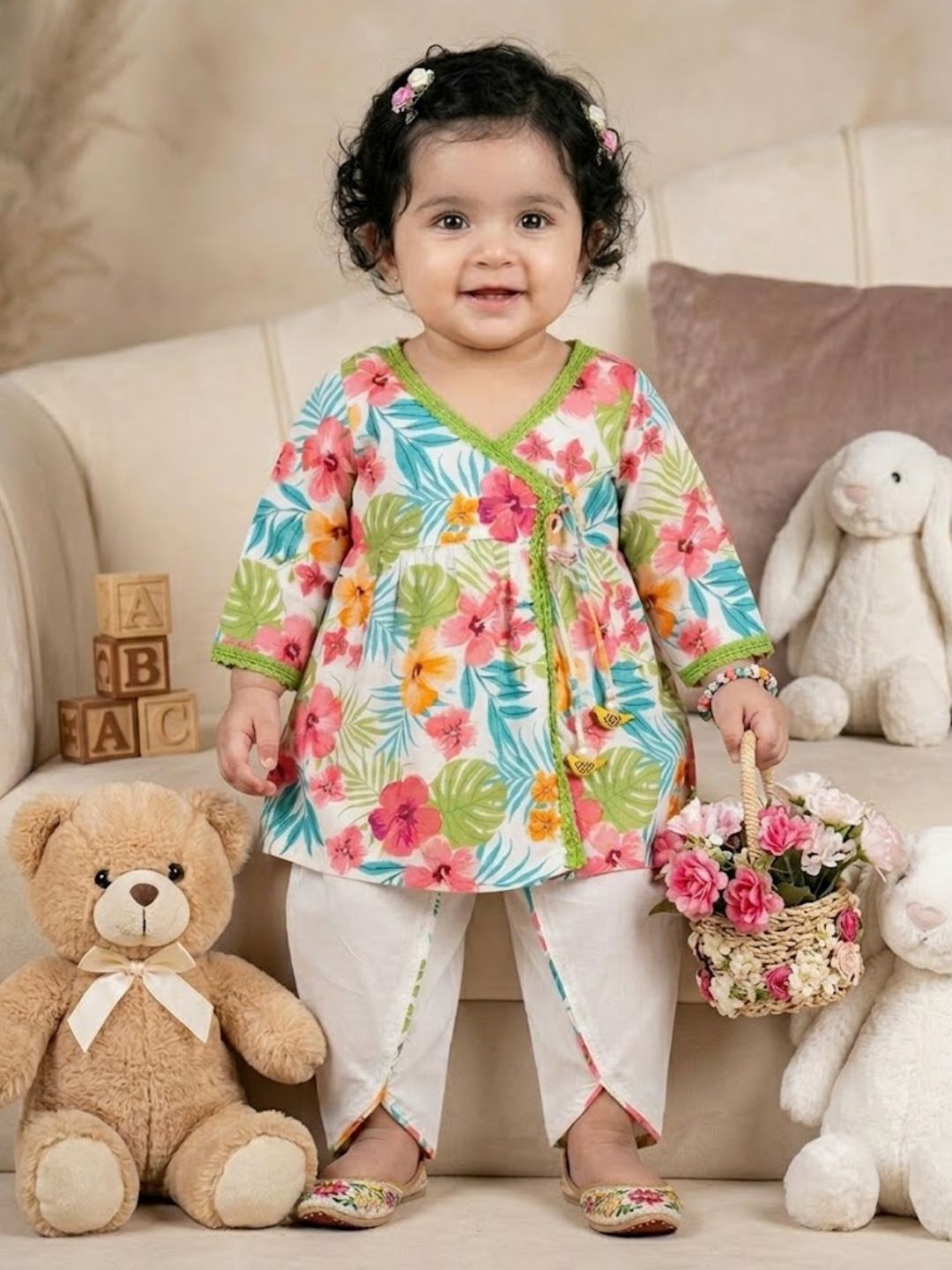 Pspeaches Baby Girl White Ethnic Floral Printed Rayon Angrakha Kurta With Dhoti Set