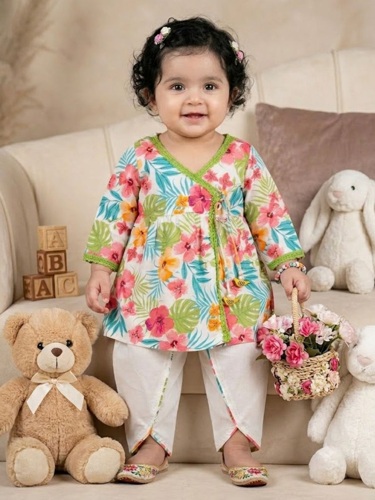 Pspeaches Baby Girl White Ethnic Floral Printed Rayon Angrakha Kurta With Dhoti Set