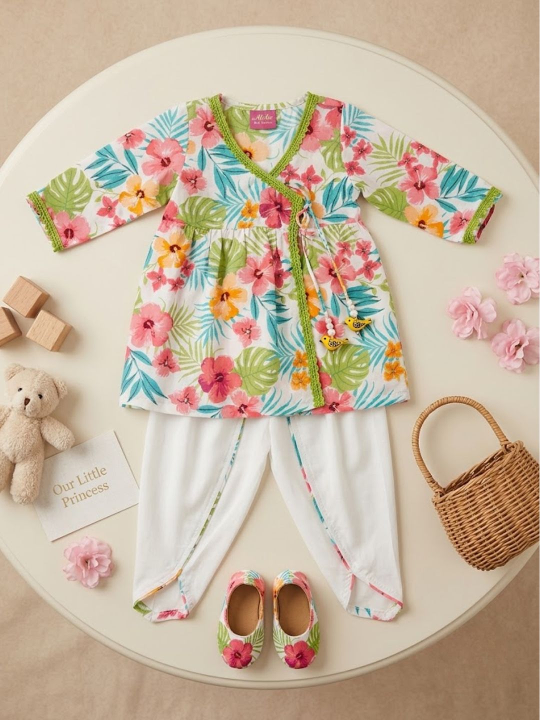 Pspeaches Baby Girl White Ethnic Floral Printed Rayon Angrakha Kurta With Dhoti Set