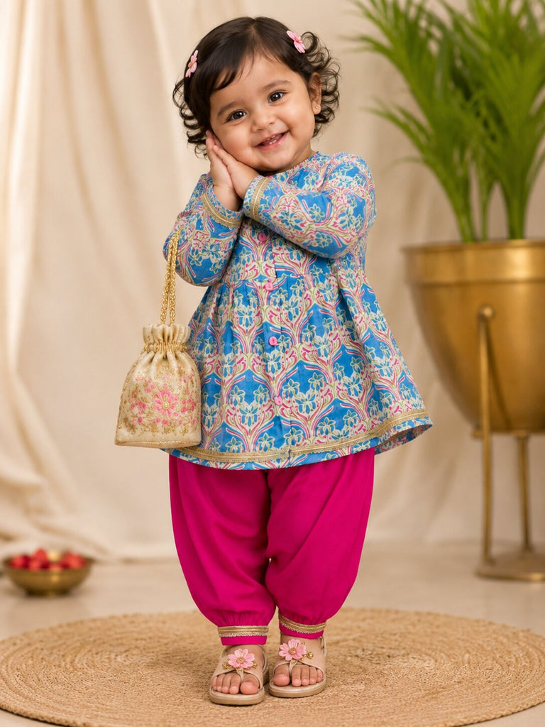 Pspeaches Baby Girl Blue & Magenta Ethnic Floral Print Cotton A-Line Kurta With Pant