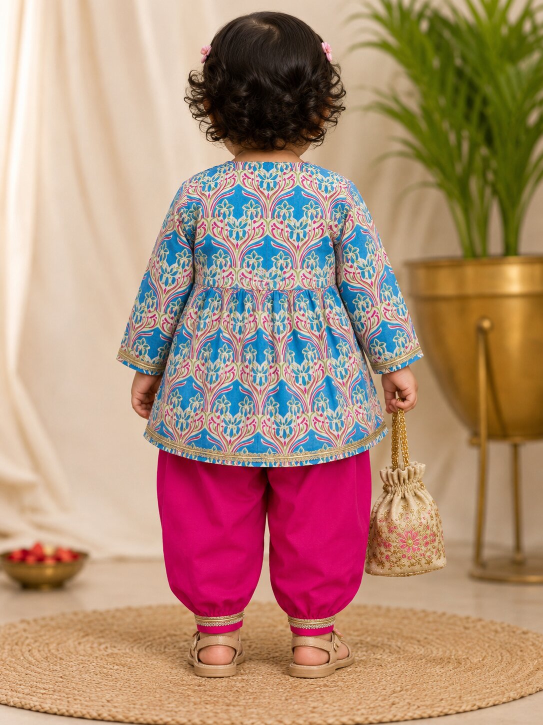 Pspeaches Baby Girl Blue & Magenta Ethnic Floral Print Cotton A-Line Kurta With Pant