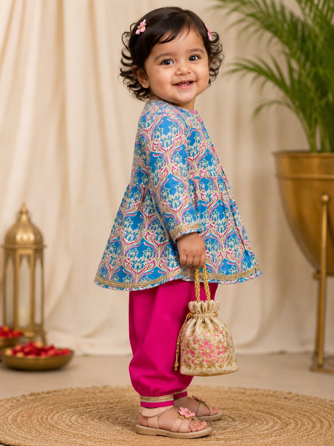 Pspeaches Baby Girl Blue & Magenta Ethnic Floral Print Cotton A-Line Kurta With Pant