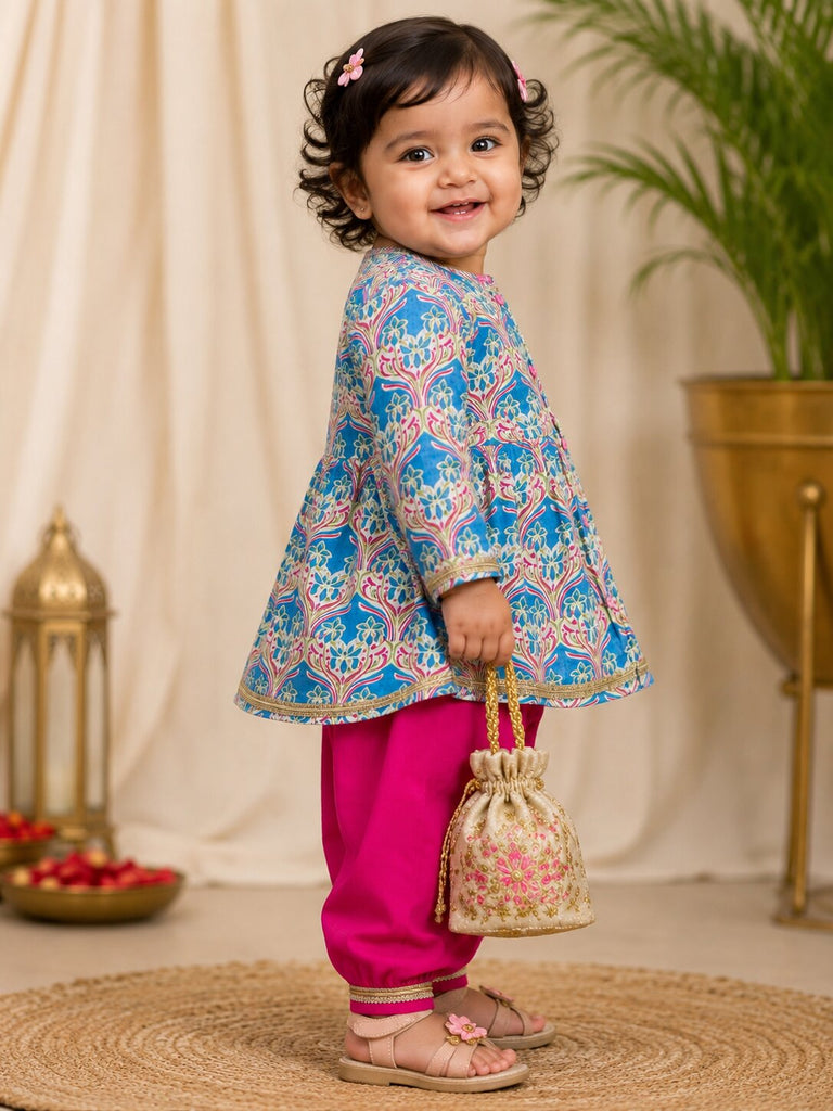 Pspeaches Baby Girl Blue & Magenta Ethnic Floral Print Cotton A-Line Kurta With Pant