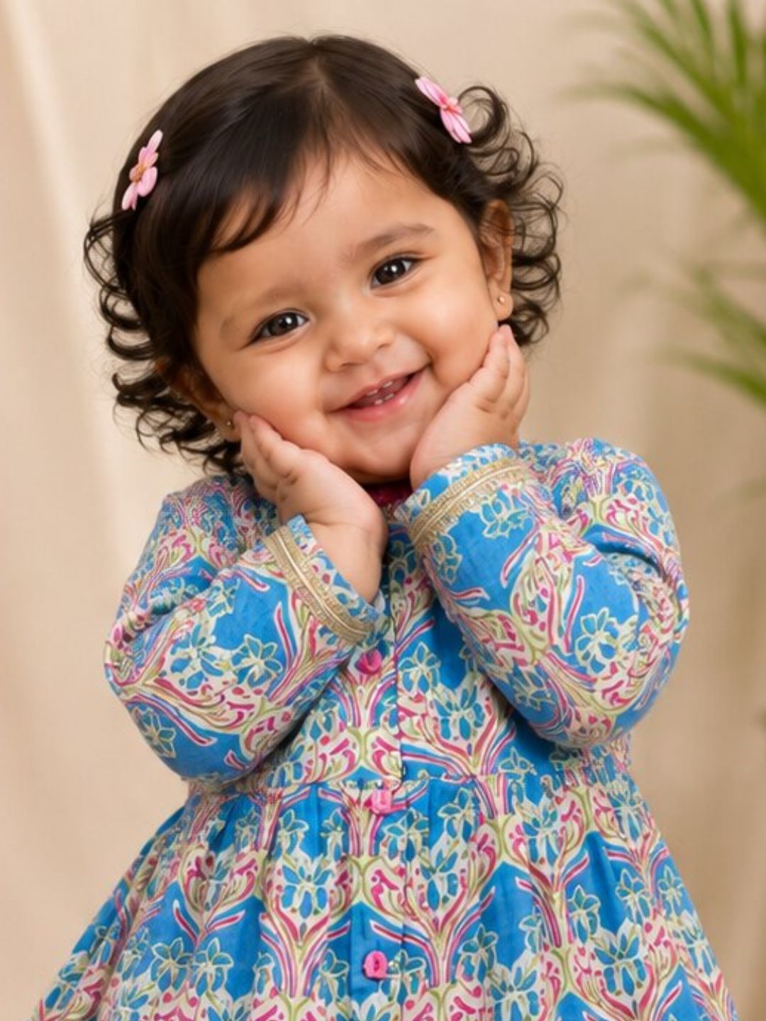 Pspeaches Baby Girl Blue & Magenta Ethnic Floral Print Cotton A-Line Kurta With Pant