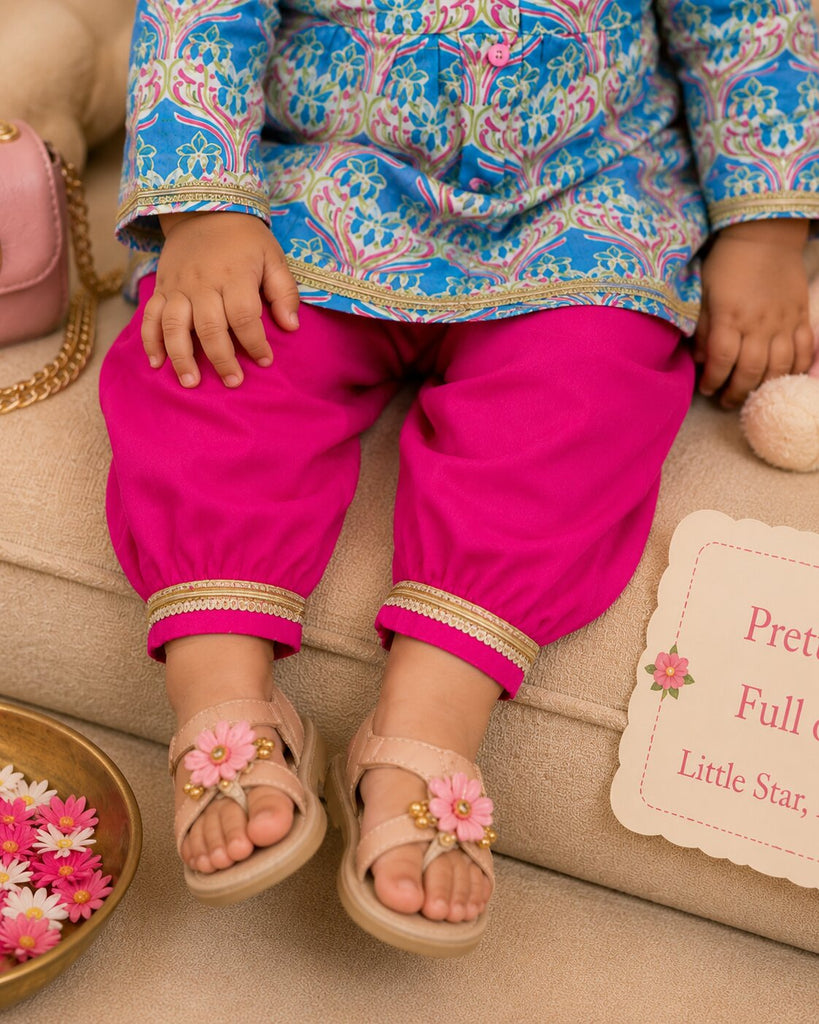 Pspeaches Baby Girl Blue & Magenta Ethnic Floral Print Cotton A-Line Kurta With Pant