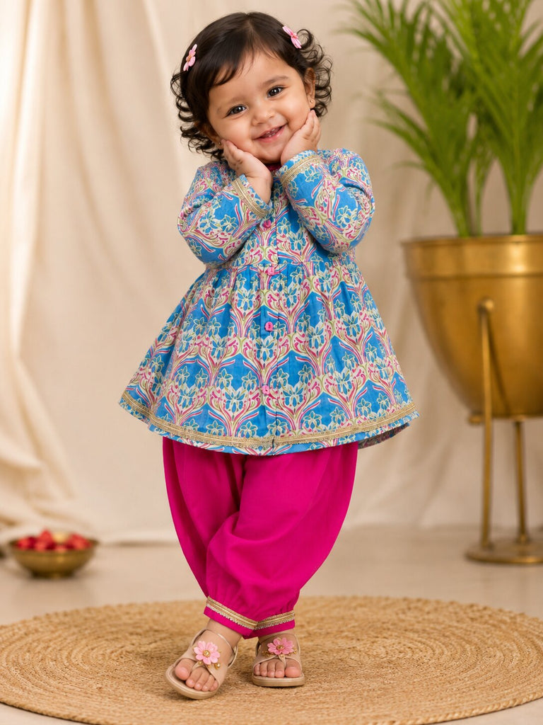 Pspeaches Baby Girl Blue & Magenta Ethnic Floral Print Cotton A-Line Kurta With Pant