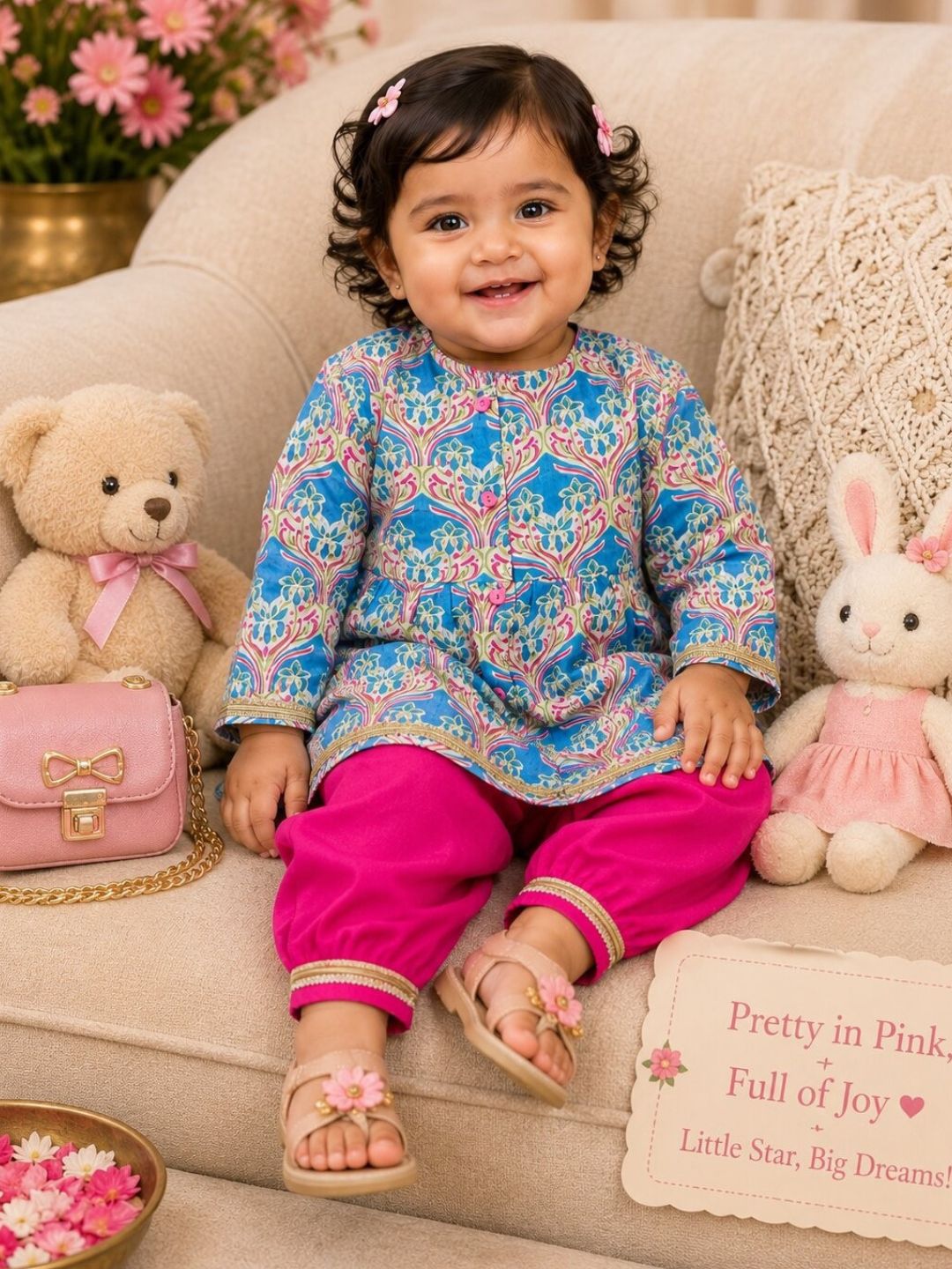 Pspeaches Baby Girl Blue & Magenta Ethnic Floral Print Cotton A-Line Kurta With Pant