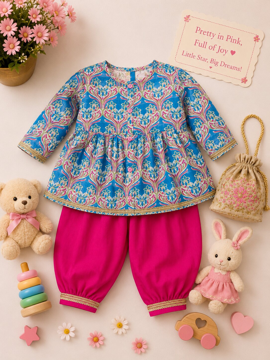 Pspeaches Baby Girl Blue & Magenta Ethnic Floral Print Cotton A-Line Kurta With Pant